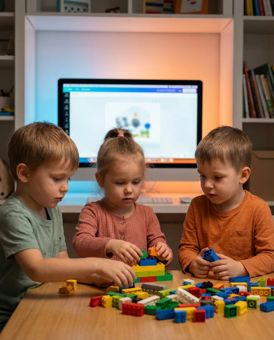 Children experimenting with Lego bricks as digital tools glow in the background