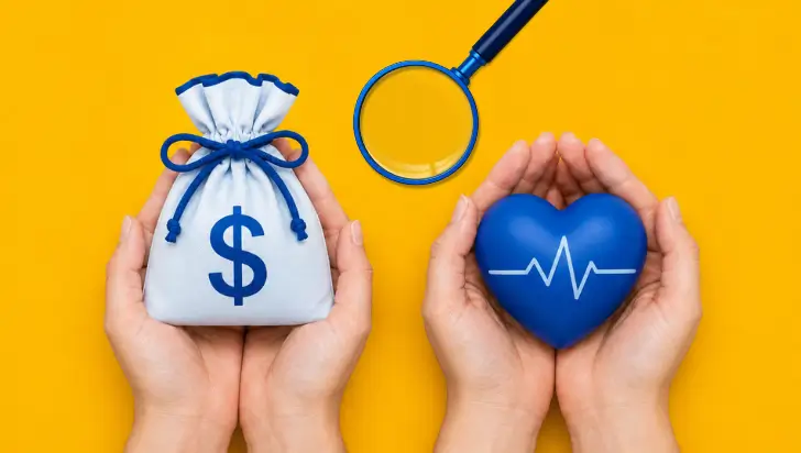 Hands holding money bag and blue heart under magnifying glass, representing YMYL SEO concepts.