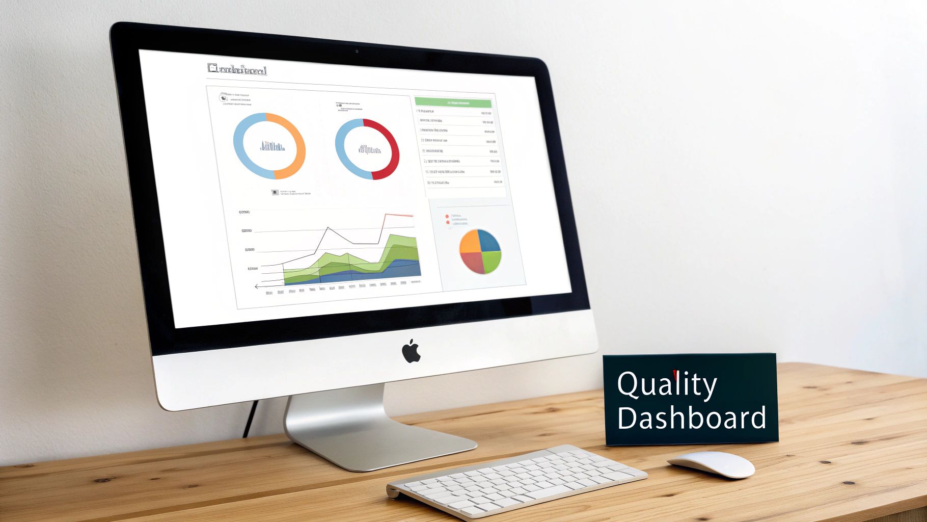 An iMac on a wooden desk displays a quality dashboard with charts, graphs, and data.