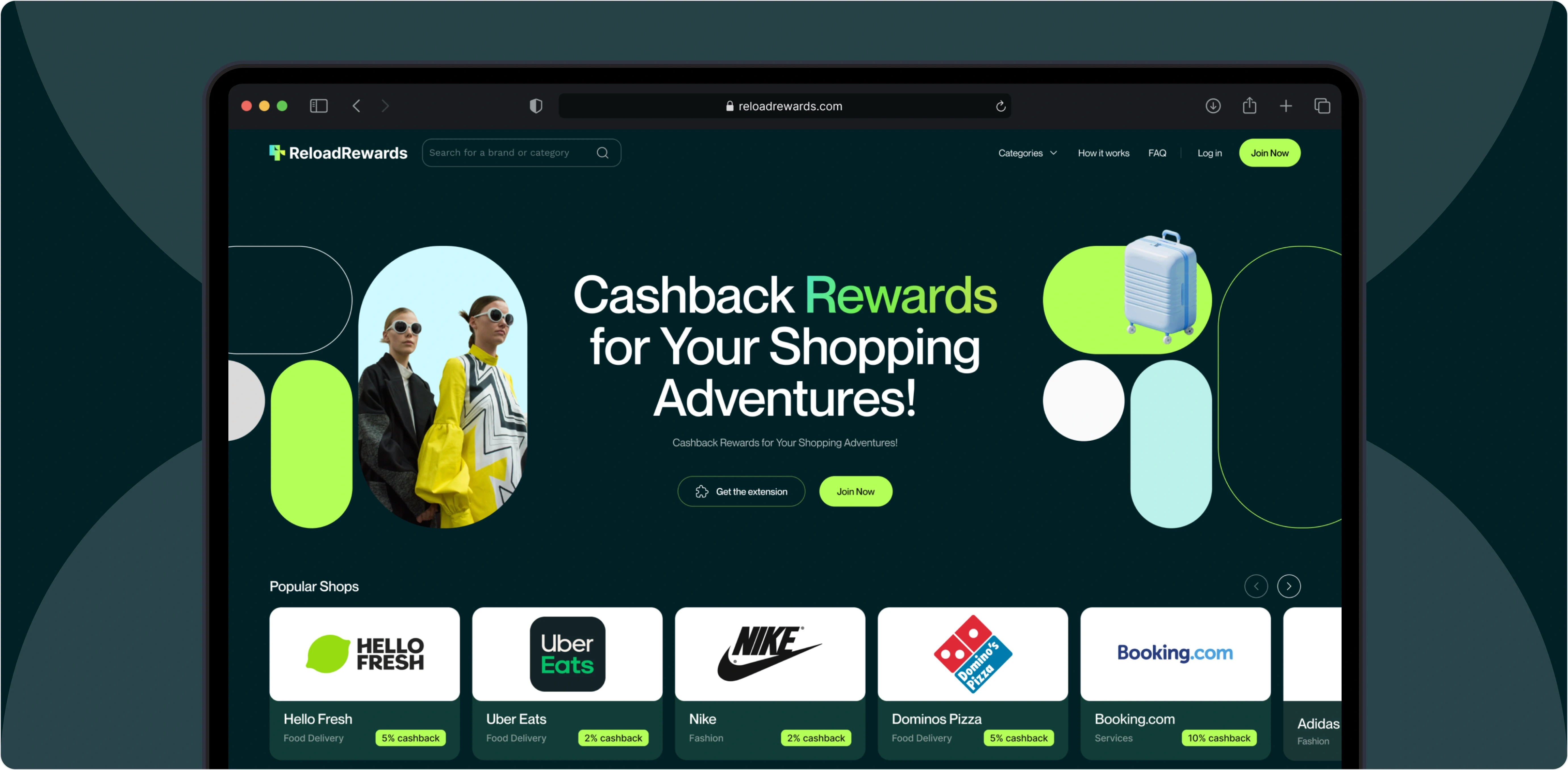 ReloadRewards website interface showcasing a vibrant, modern design with the headline 'Cashback Rewards for Your Shopping Adventures!' A visually striking layout features models in stylish attire and a suitcase, highlighting the platform's appeal to shoppers. Below the main banner, popular shops like Hello Fresh, Uber Eats, Nike, Dominos Pizza, and Booking.com are displayed with cashback offers, reflecting the variety of brands and services available on the platform.