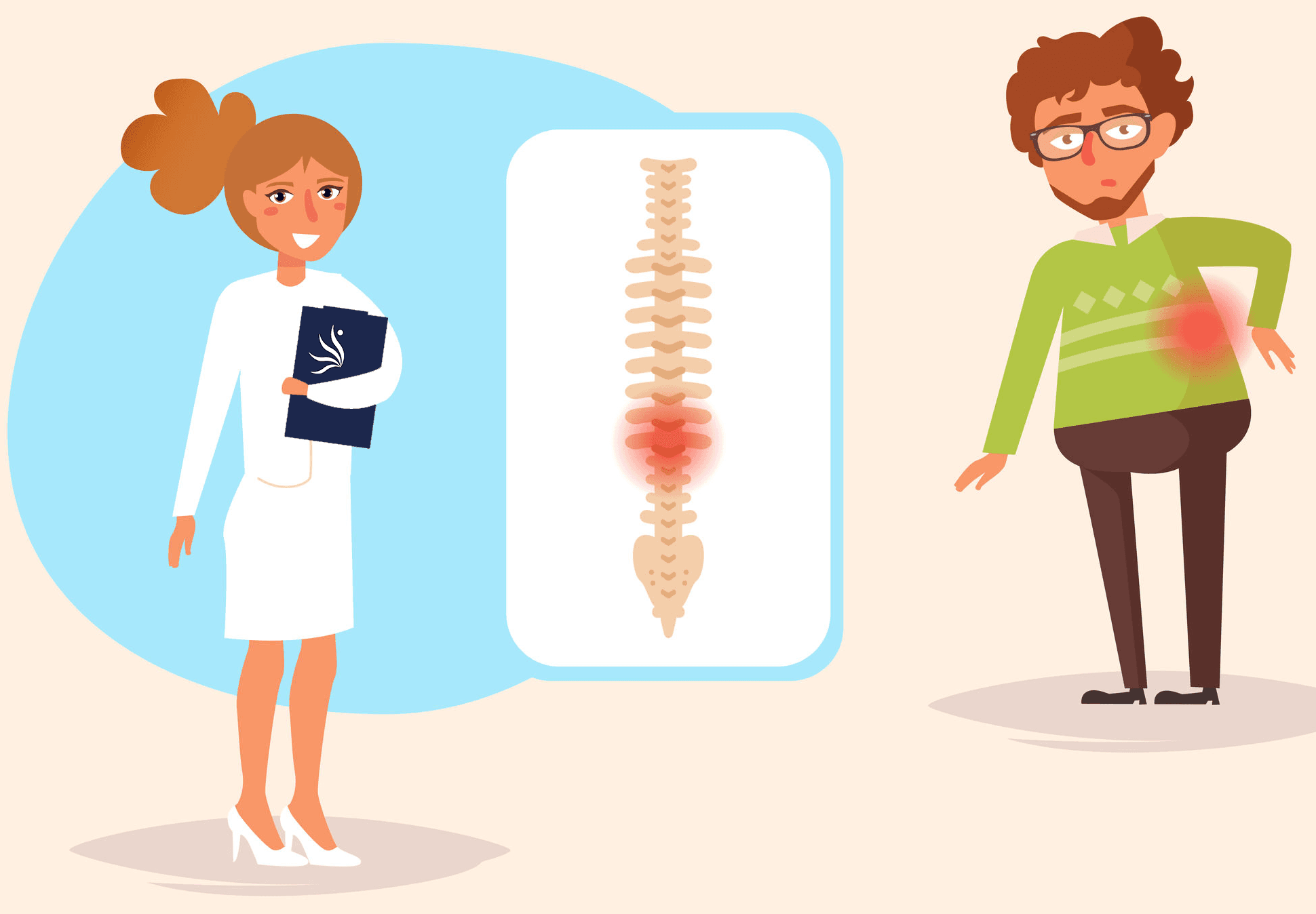 animated chiropractor and animated patient with back pain