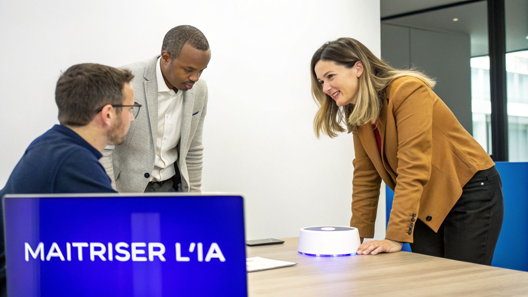 Trois collègues collaborent autour d'un ordinateur portable affichant 'MAITRISER L'IA' et un appareil connecté.