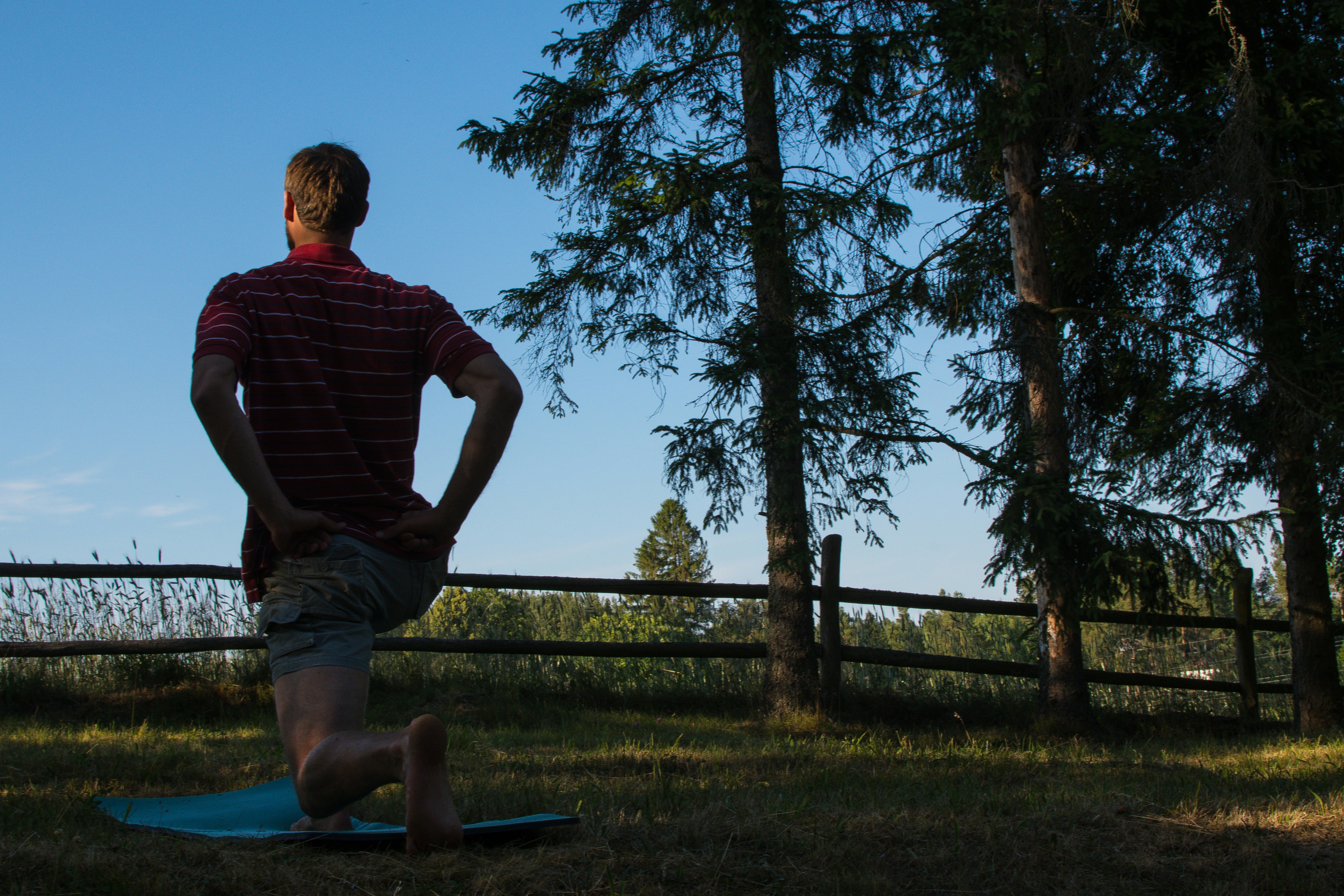 A person in workout attire performs a lunge on grass, with trees and a lake in the background under clear skies.