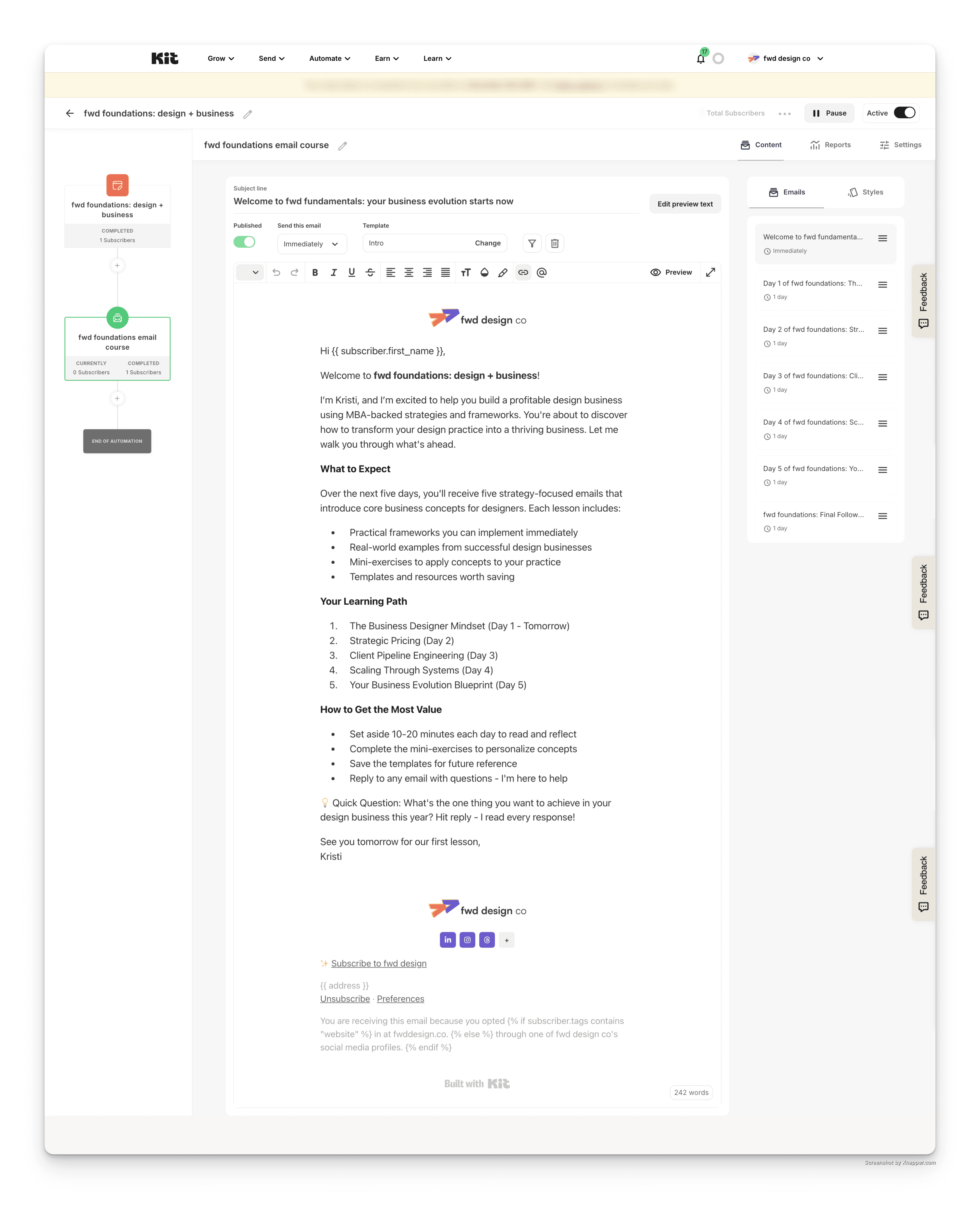 Part of the automated onboarding experience — a branded welcome email introducing FWD Design Co’s “Foundations: Design + Business” course sequence.