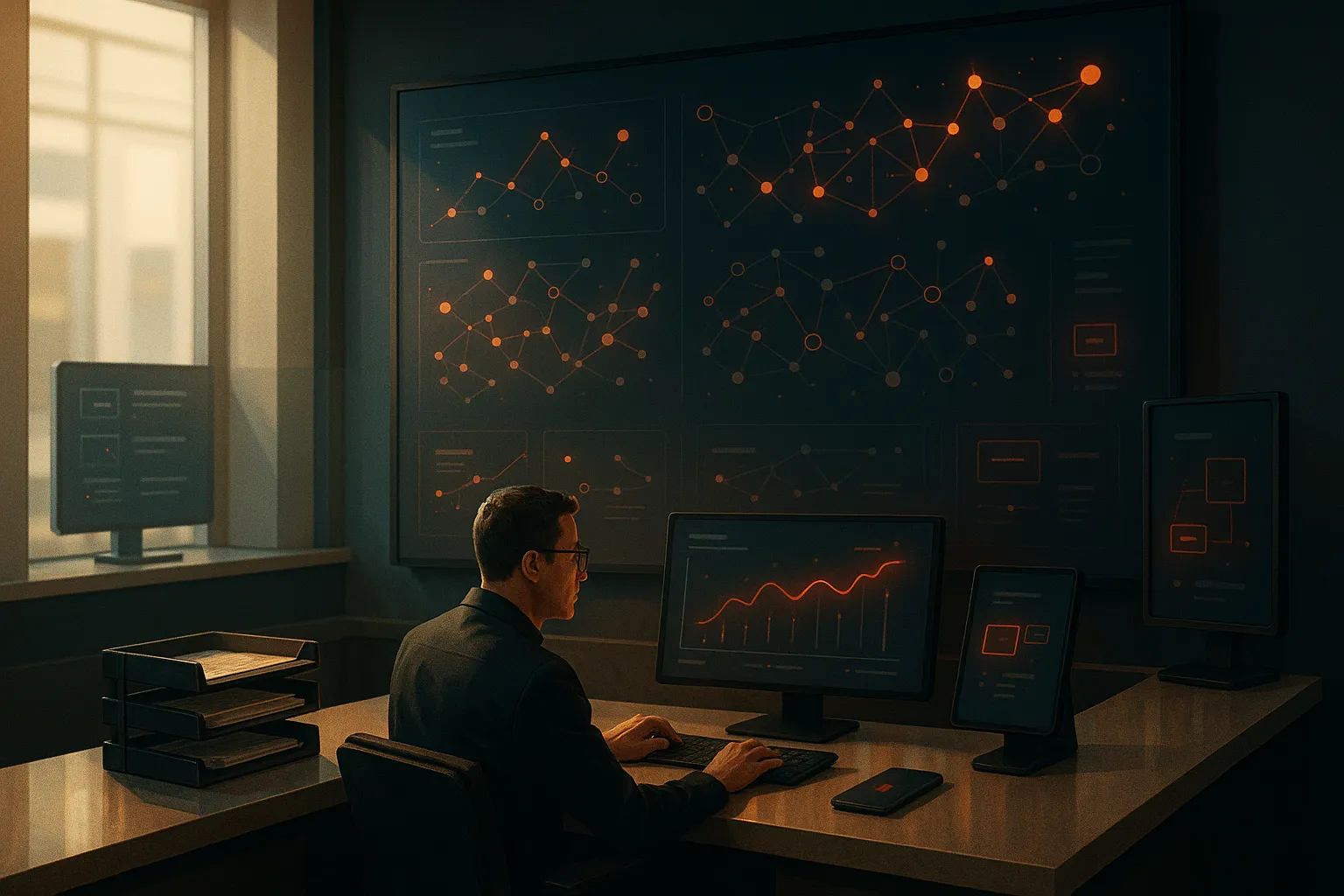 Man analyzing charts on screens in a RockN' Socials digital marketing agency.