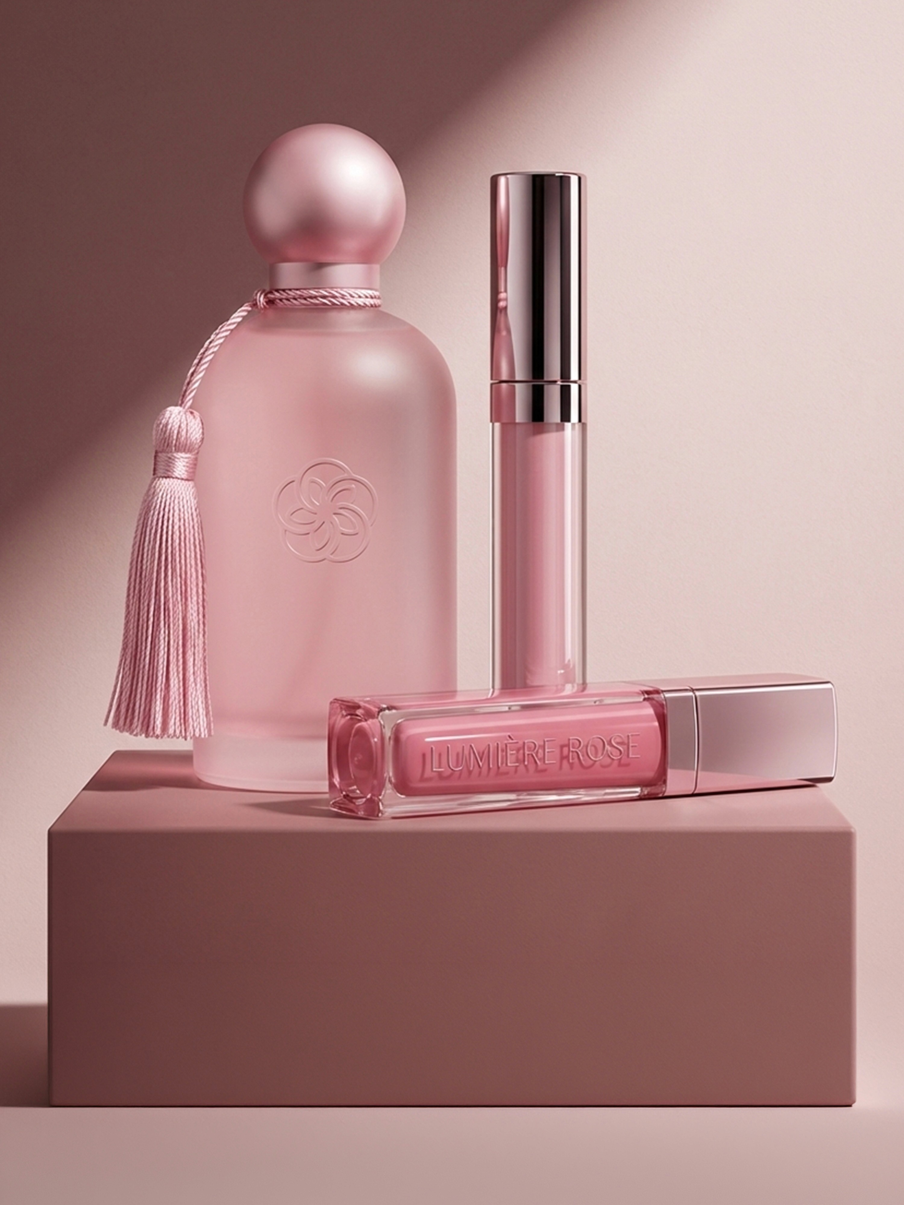 Set beauty 'Lumière Rose' in composizione monocromatica rosa: profumo in vetro satinato con nappa e lucidalabbra su piedistallo. Render 3D di packaging cosmetico elegante.