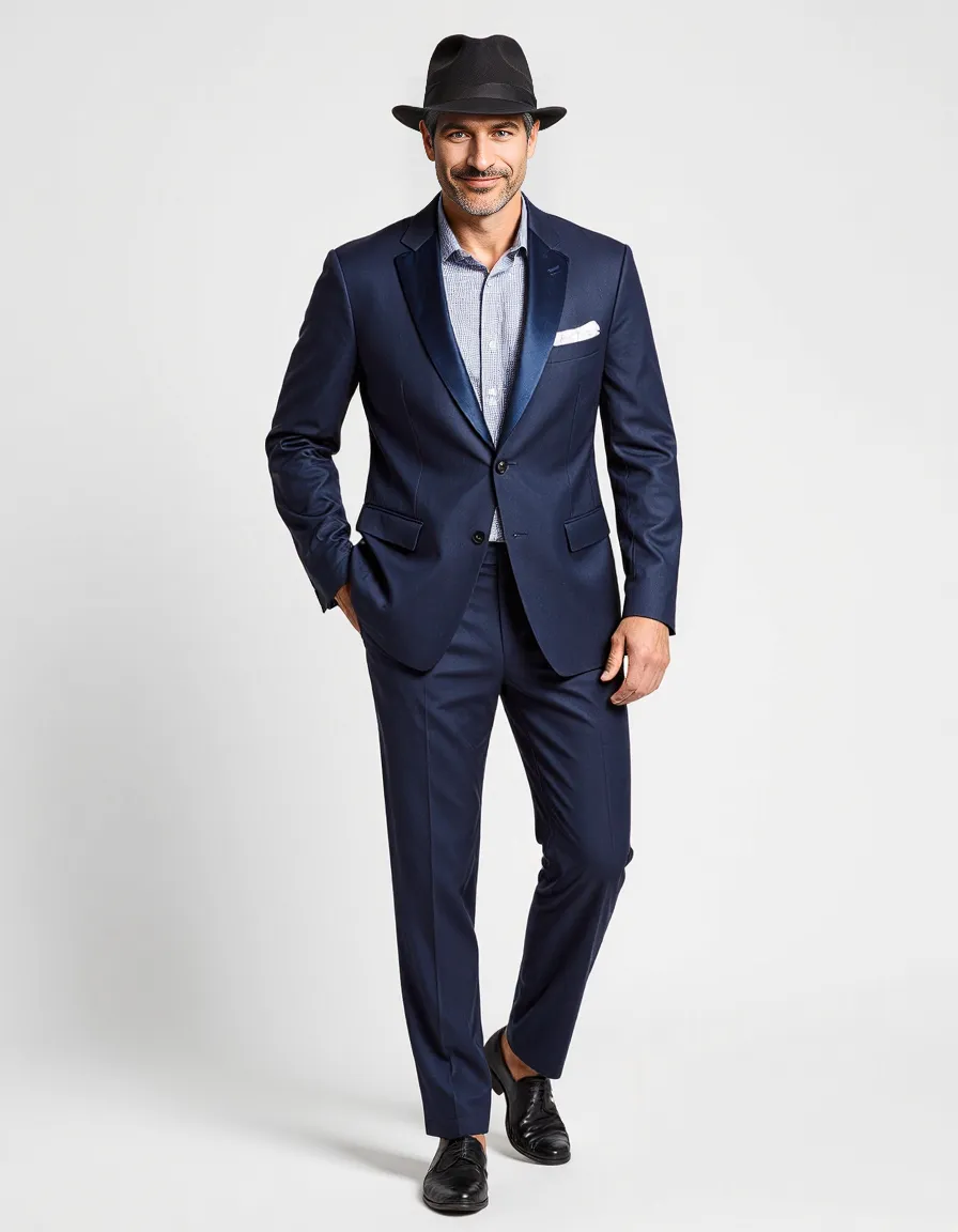 Professional fashion photography featuring a navy blue suit with a classic black fedora hat against a clean white background