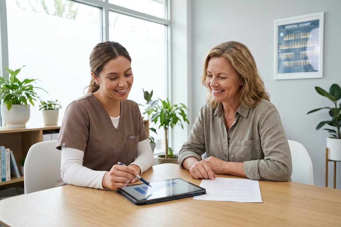 Patient discussing an Invisalign payment plan with a coordinator at a desk