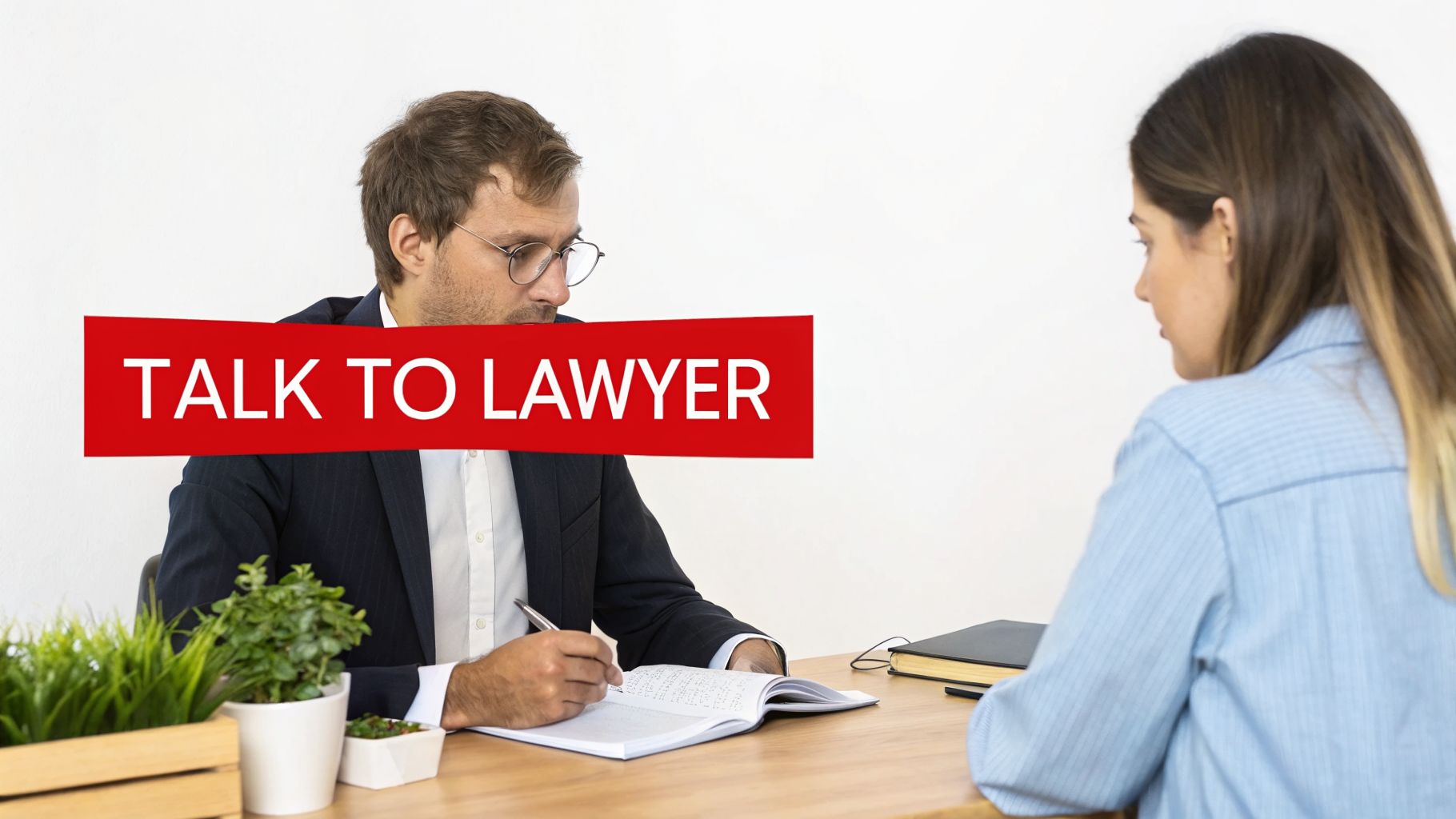 A male lawyer consults with a female client at a desk, with the prominent text 'TALK TO LAWYER' overlaid.