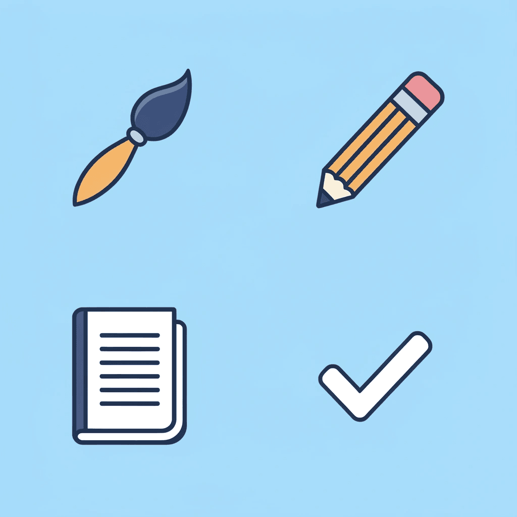 Four-icon grid showing animal pairs, alphabet letters, rainbow colors, and educational activities