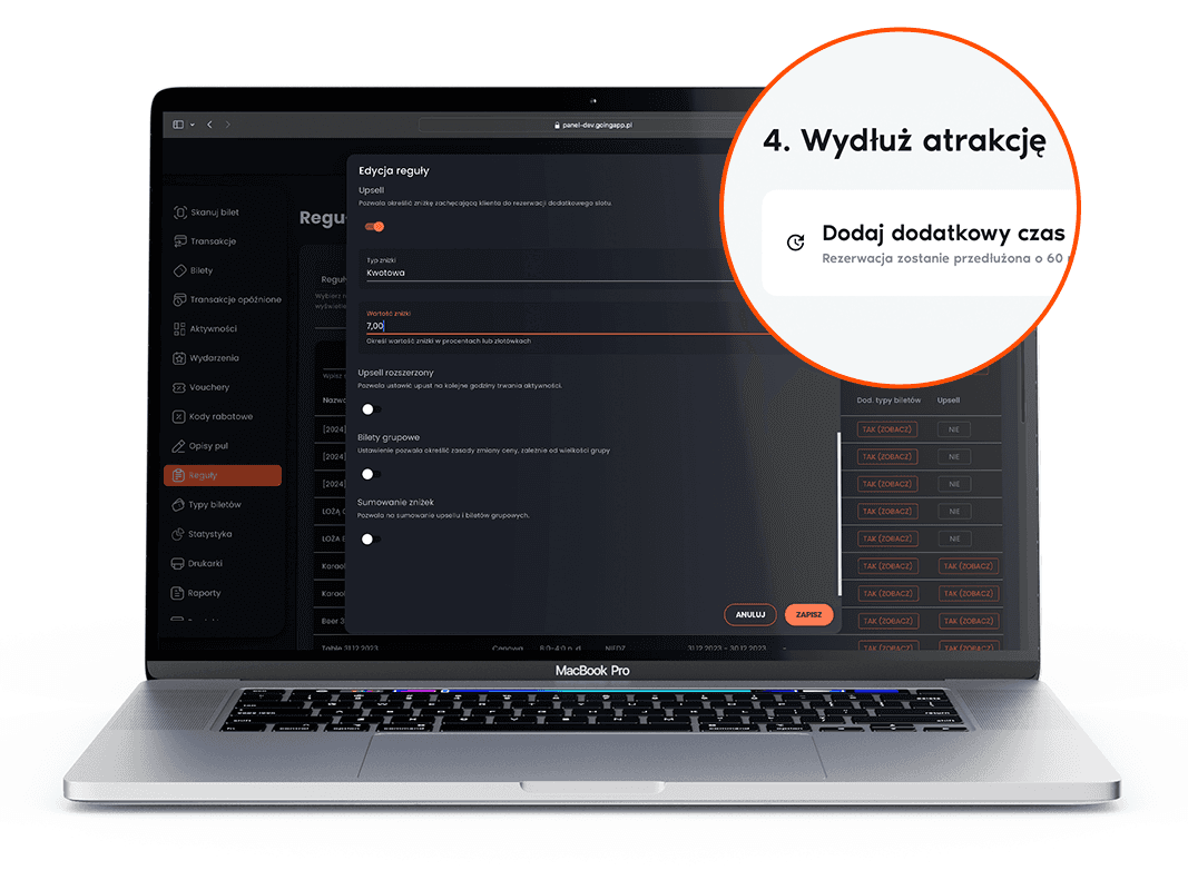 Monitor wyświetlający interfejs systemu sprzedaży biletów Going. Places z funkcjami, takimi jak wydłużenie rezerwacji