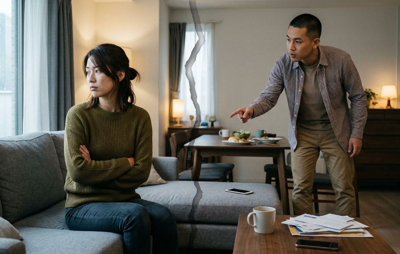 A tense couple in a living room with a visual tear separating them, illustrating how demanding language like "you should" creates emotional distance and relationship conflict.