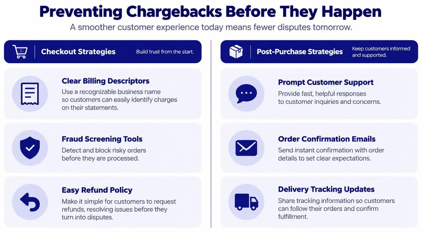 An infographic titled Preventing Chargebacks Before They Happen, listing strategies for checkout and post-purchase customer support.
