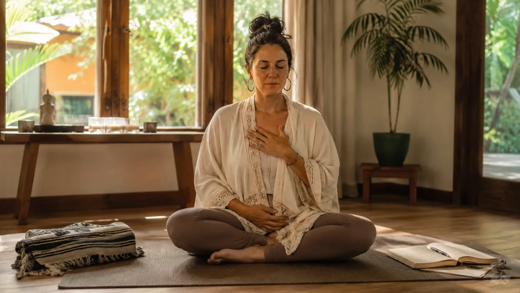 Woman practising breathwork in a warm retreat room with a journal and blanket