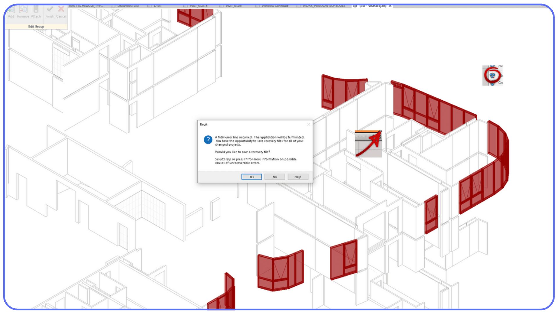 Autodesk Revit showing fatal error message and recovery file prompt after unexpected crash