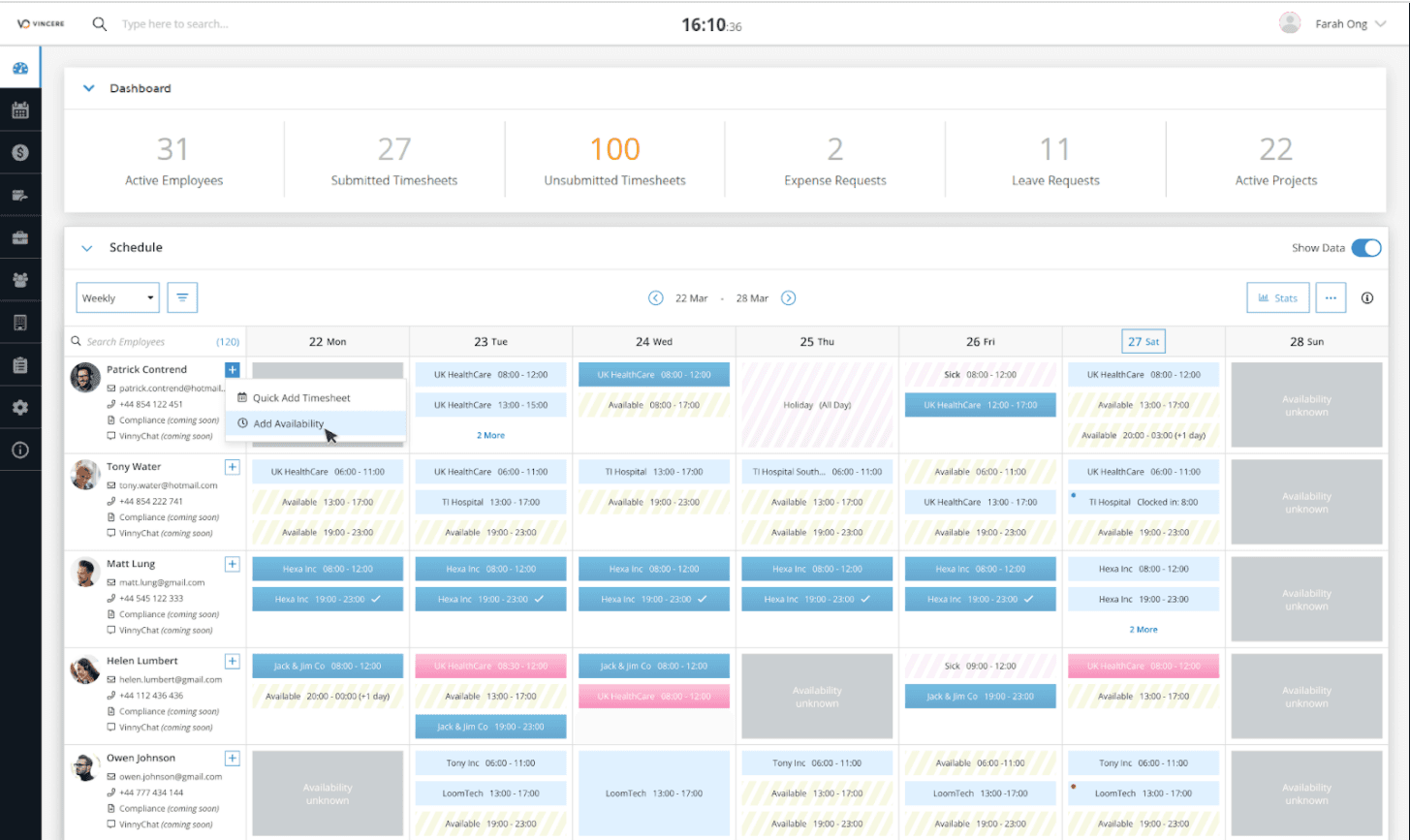 Vincere CRM interface