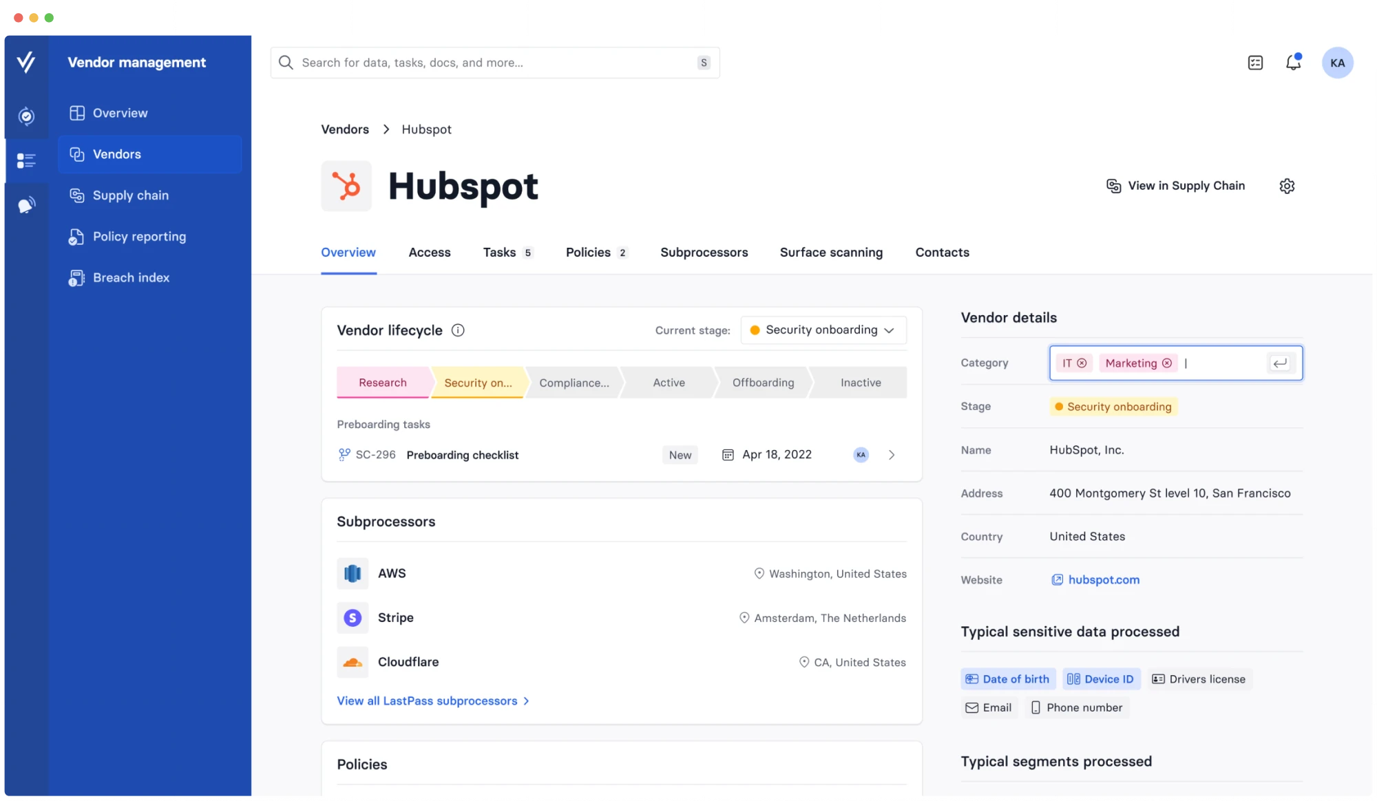 Vendor management dashboard on Wult.io for Hubspot, showing vendor lifecycle stages, subprocessors, and detailed vendor information, along with a blue sidebar for navigation.