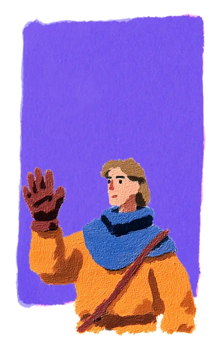 A traveler in an orange tunic and blue hood raises a gloved hand in greeting, illustrating the Book step of Floating Castle's process