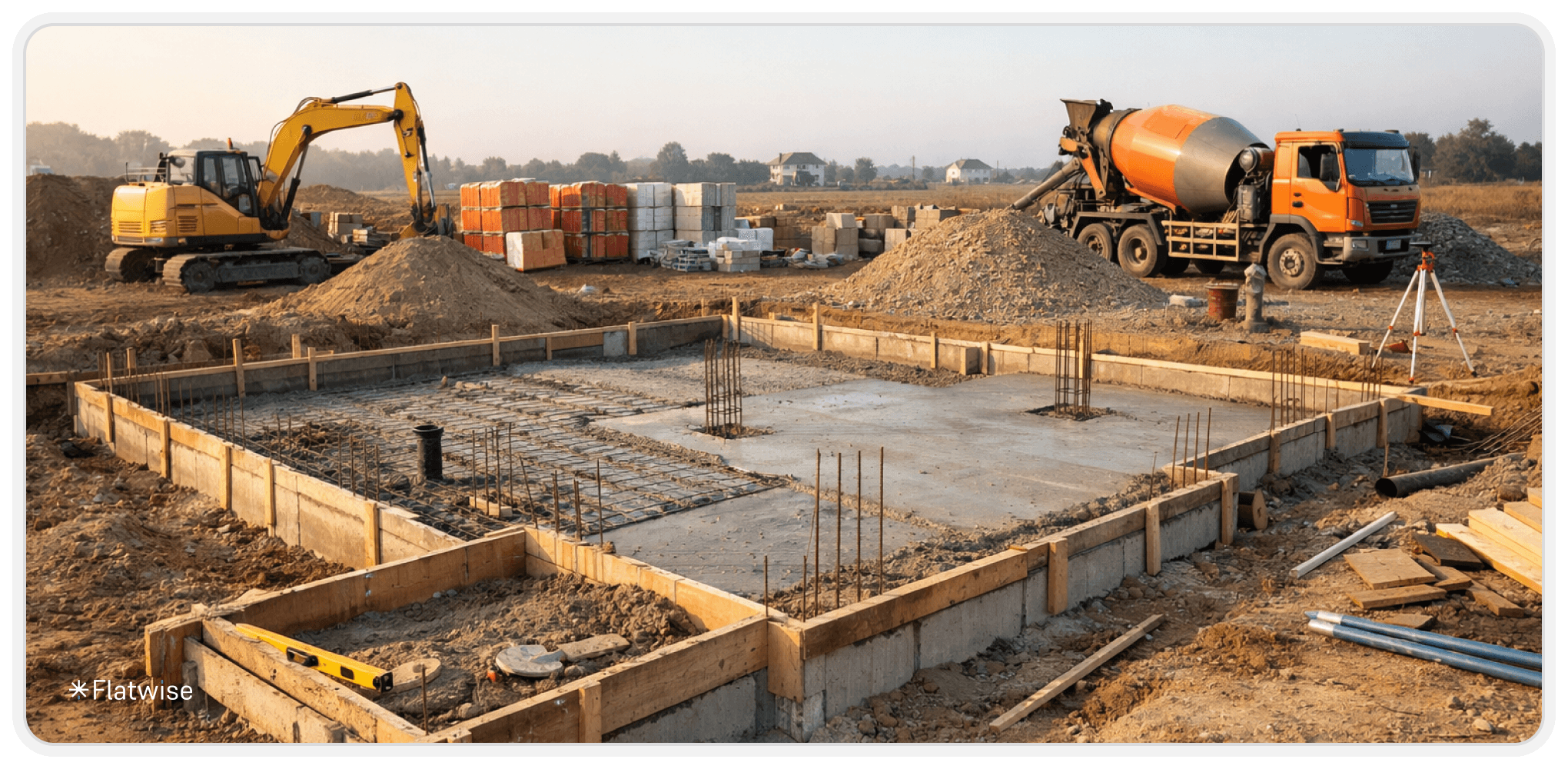 Das Bild zeigt eine Baustelle mit Betonmischer, Bagger und einem betonierten Fundament.