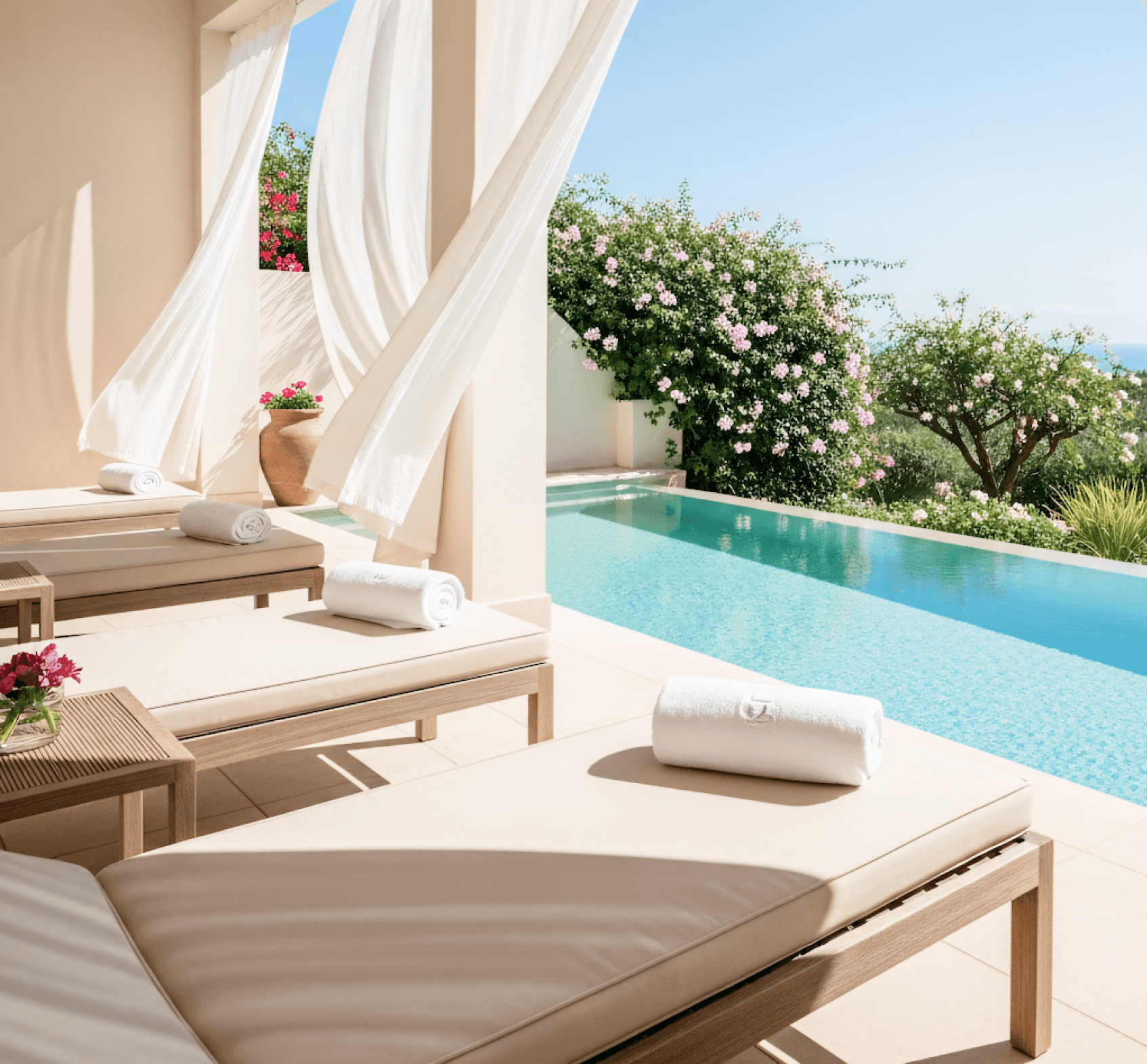 Peaceful poolside lounge with sunbeds, flowing curtains, and garden view overlooking the sea.