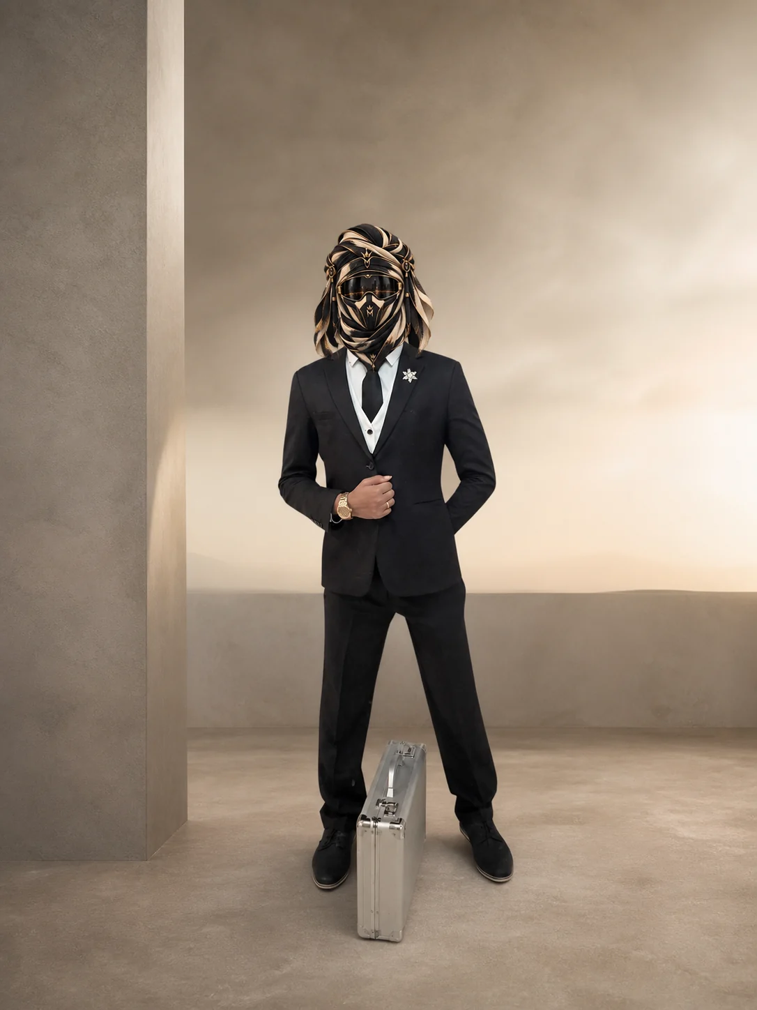 Full-length view of Charcoal Under Black, a black three-piece suit with a charcoal waistcoat, white shirt and black bow tie, with the official Marzelest face covering.
