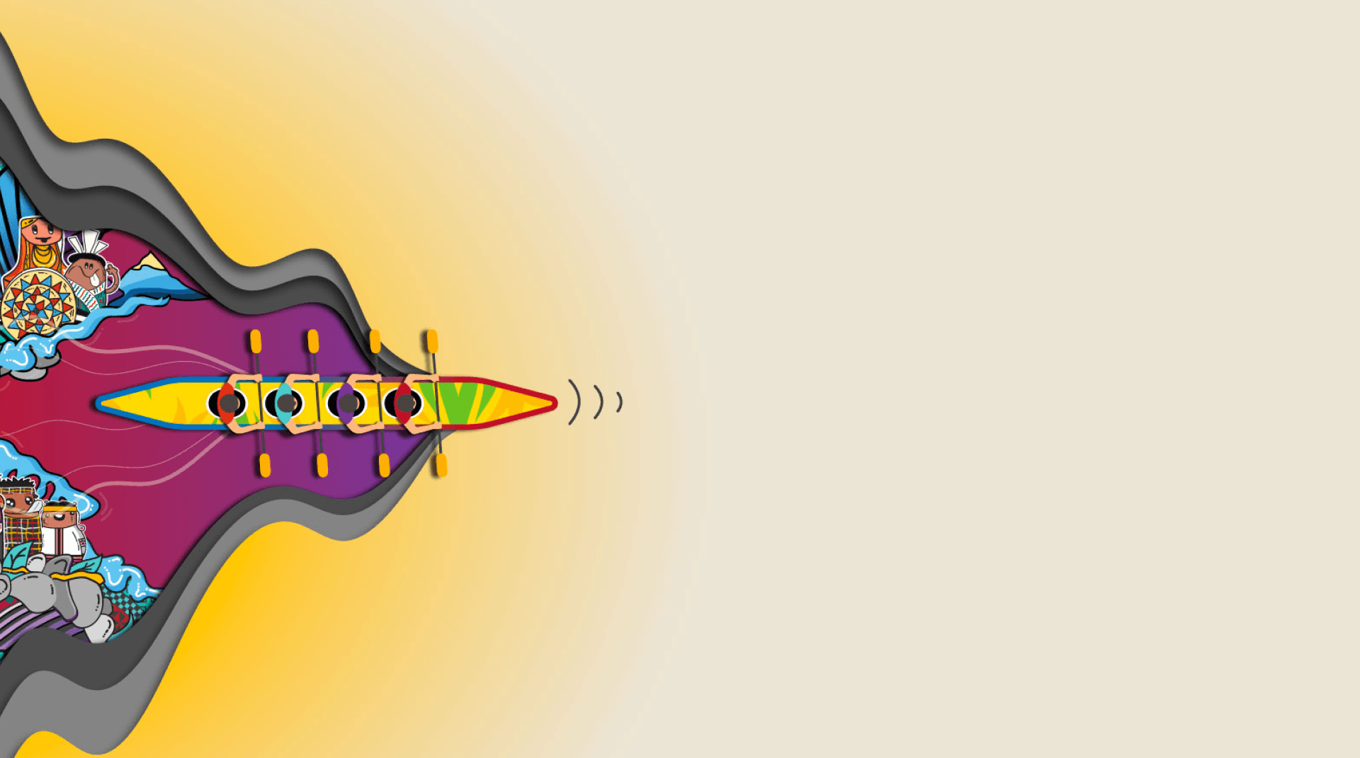 Illustration of a rowboat with four people rowing on a river, with various colorful elements in the background.