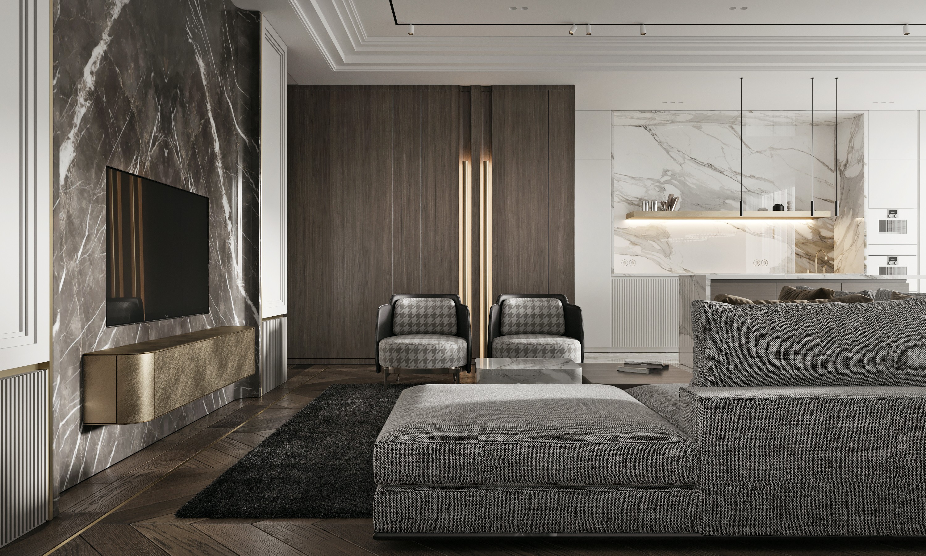 Restaurant interior with wooden tables and chairs lined against a textured wall, softly lit by round wall lamps.