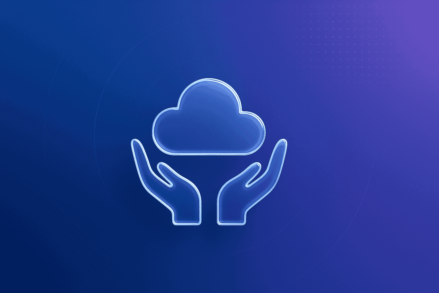 Cloud compliance icon with two protective hands on a blue and purple gradient background. Premium fintech style.