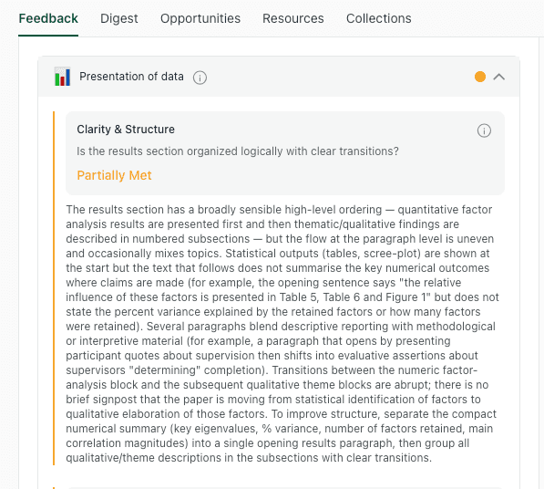 thesify feedback on clarity and structure within the presentation of data section of a scientific paper