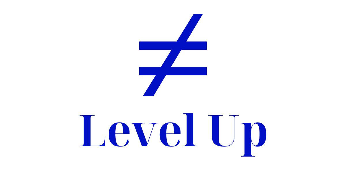 Levellers Level Up mark: a not-equals symbol above the words Level Up