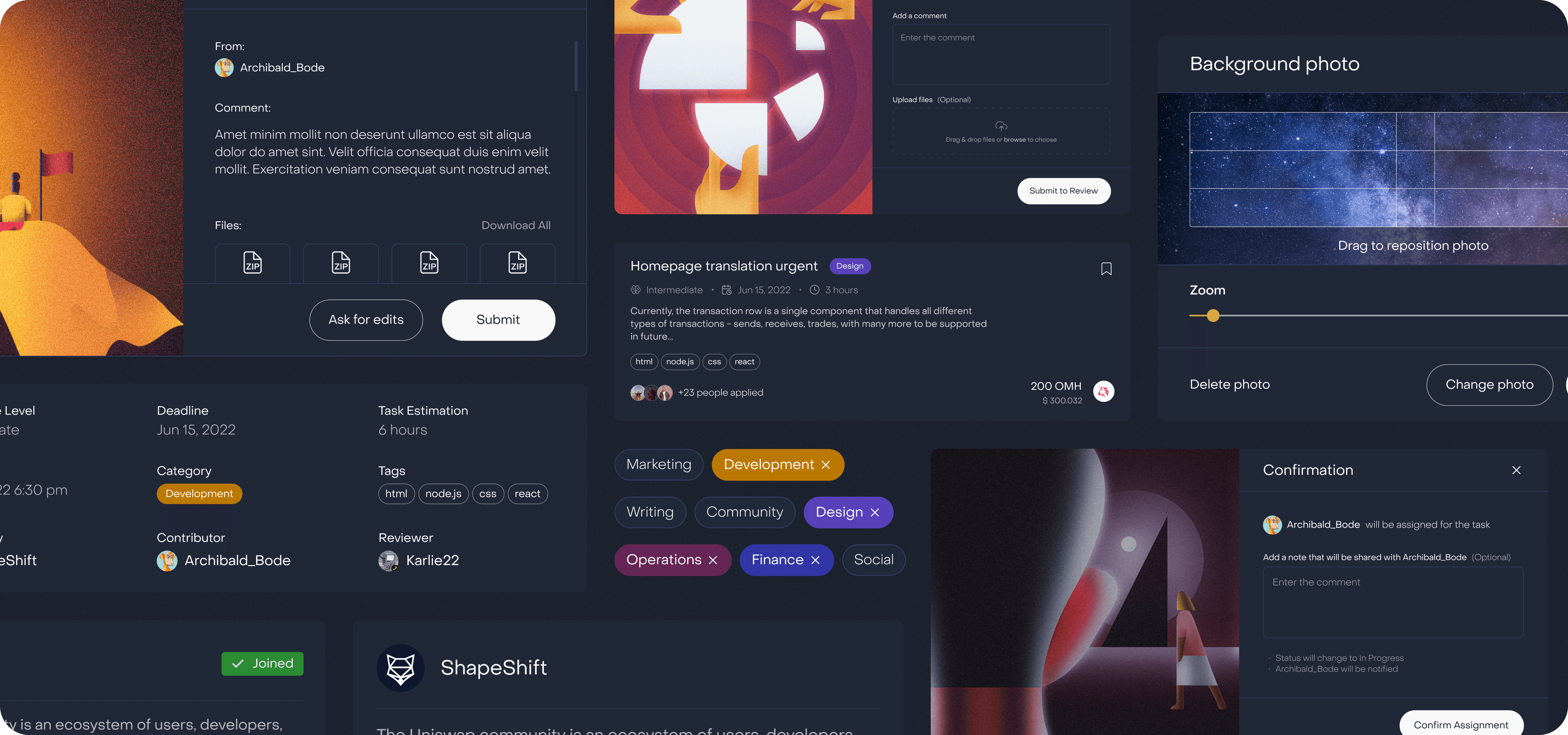 A collage of various digital panels displaying colorful graphics and interface elements, likely from a web app or game.
