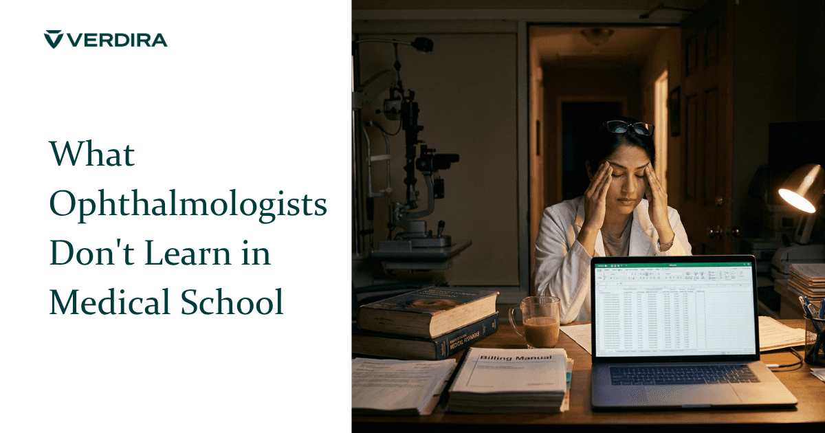 Young female ophthalmologist at home desk late at night surrounded by medical textbooks and billing documents rubbing her temples
