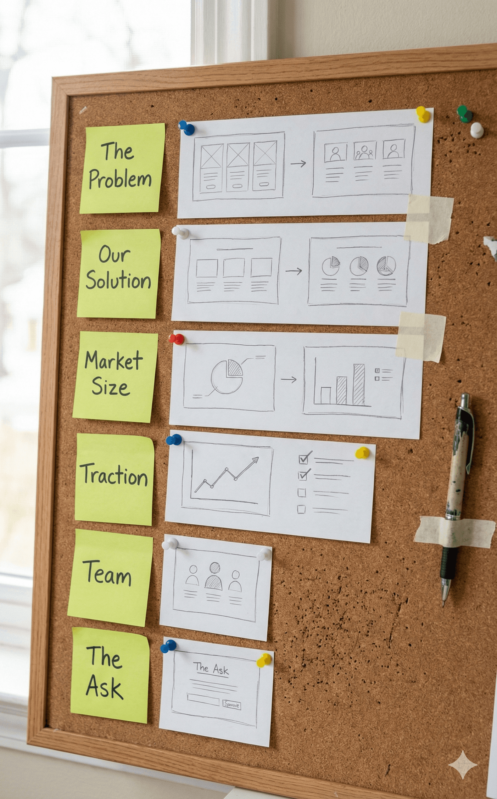 A close-up of a storyboard layout with sticky notes and sketches for a pitch deck narrative.