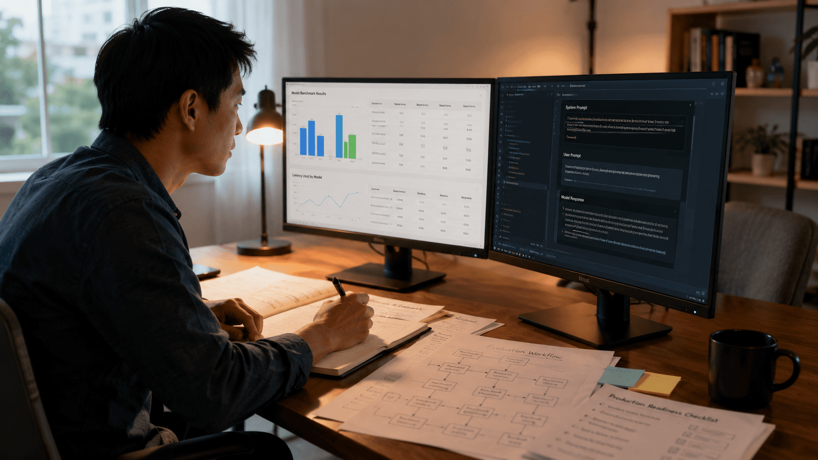 Developer evaluating AI model benchmarks, prompt performance, and production readiness across dual monitors