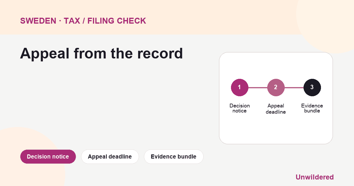 Process diagram for Sweden Skattetillagg Remission Appeal: Decision notice, Appeal deadline, Evidence bundle.