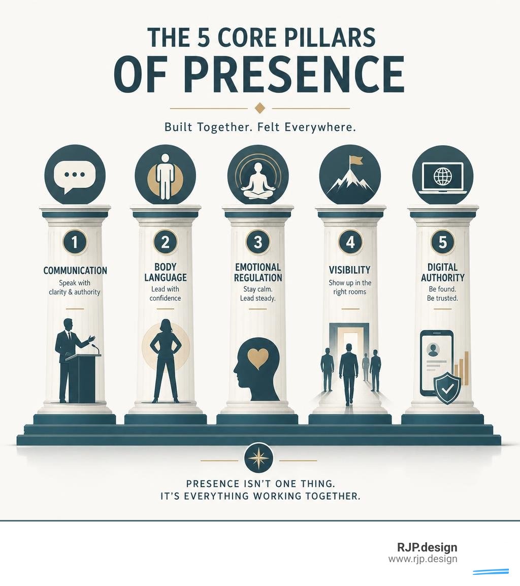 core pillars of presence infographic showing communication body language emotional regulation visibility and digital