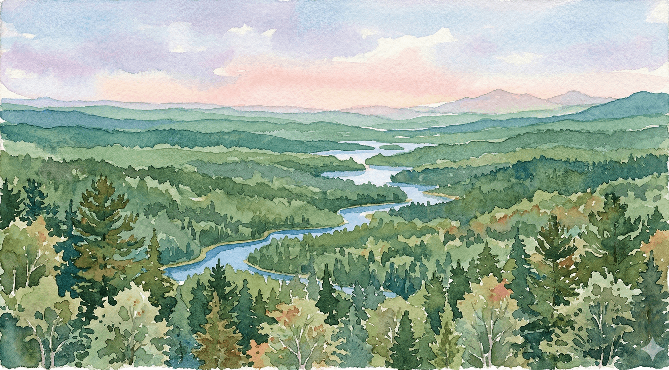 Watercolor canyon with colorful strata layers and a river below