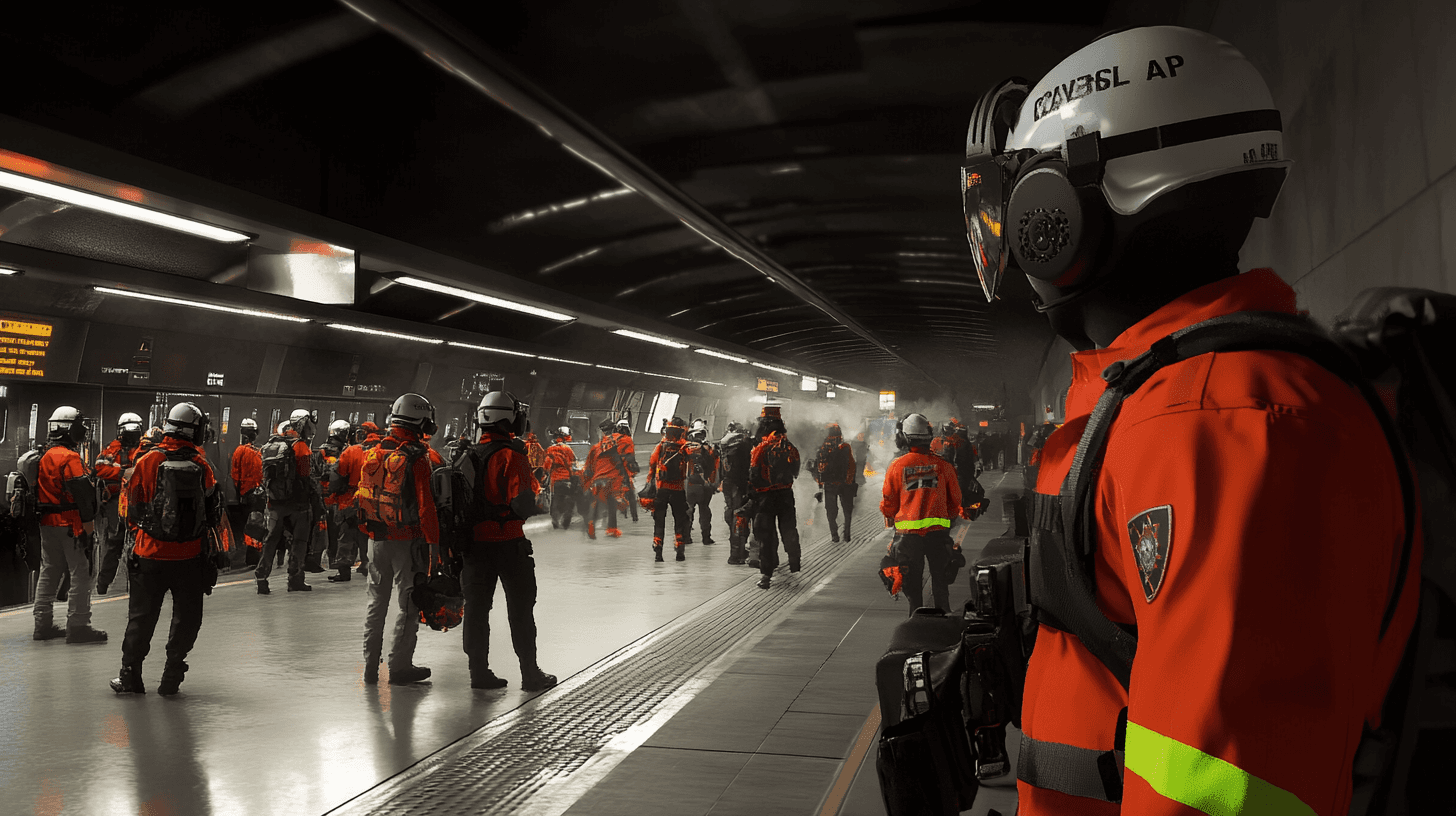 Public safety personnel using VR headsets to rehearse a subway station evacuation in a high-fidelity simulation with AI-driven crowd dynamics