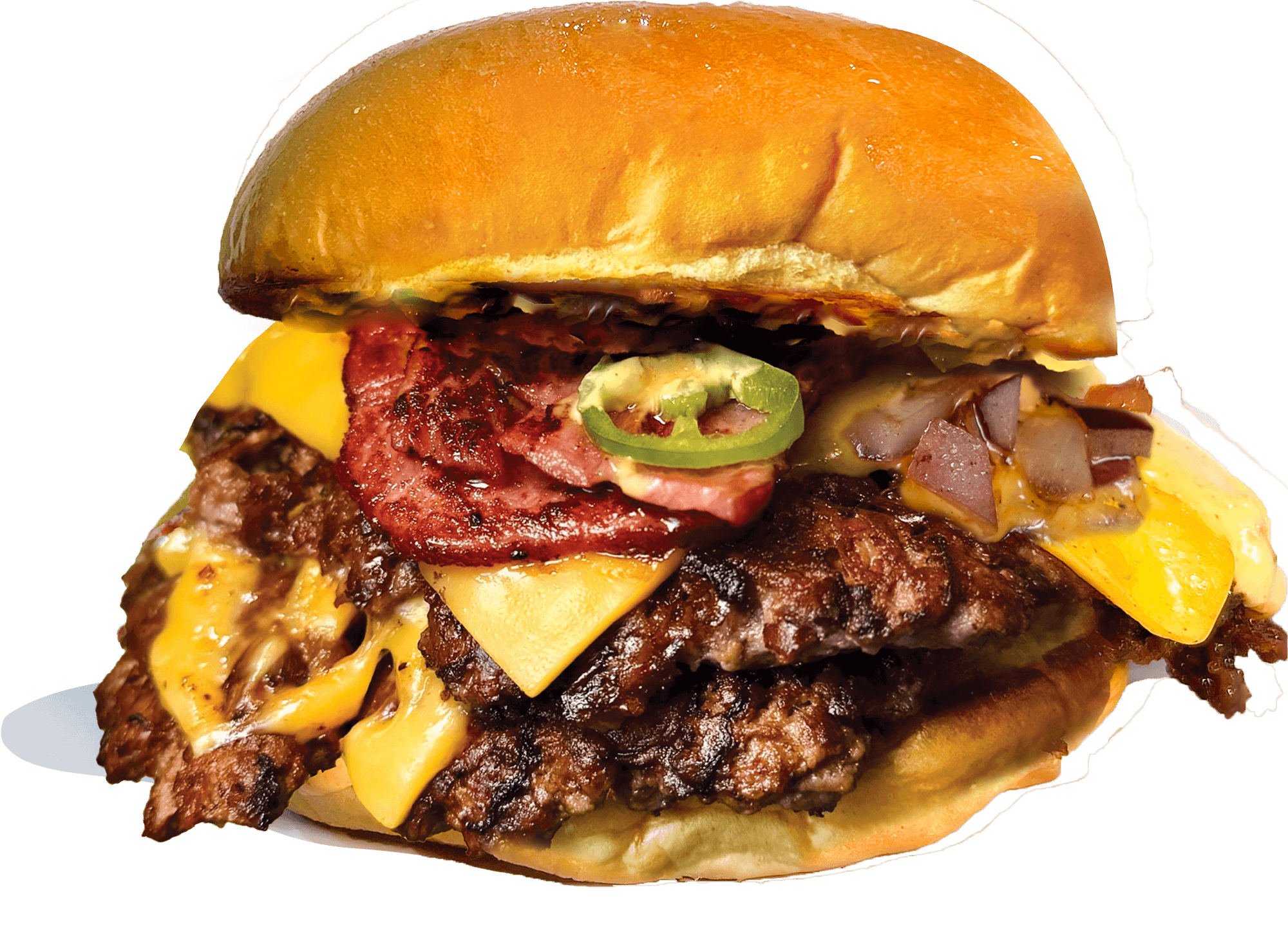 Bunz of Steel smash burger with jalapeños, turkey bacon and melted cheese