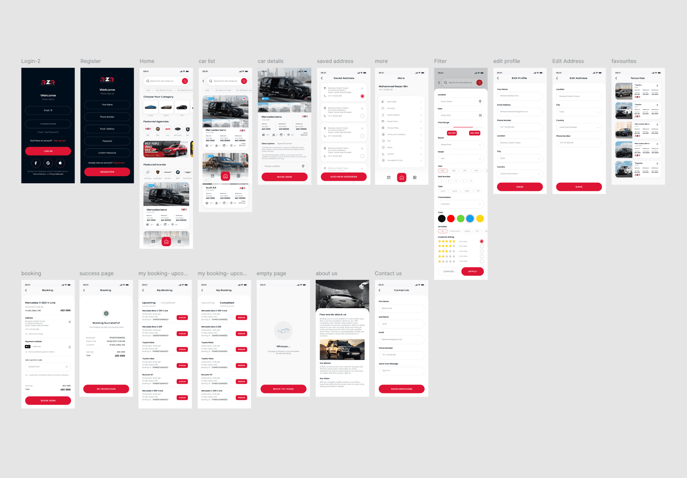 Rent Car application UI Screens
