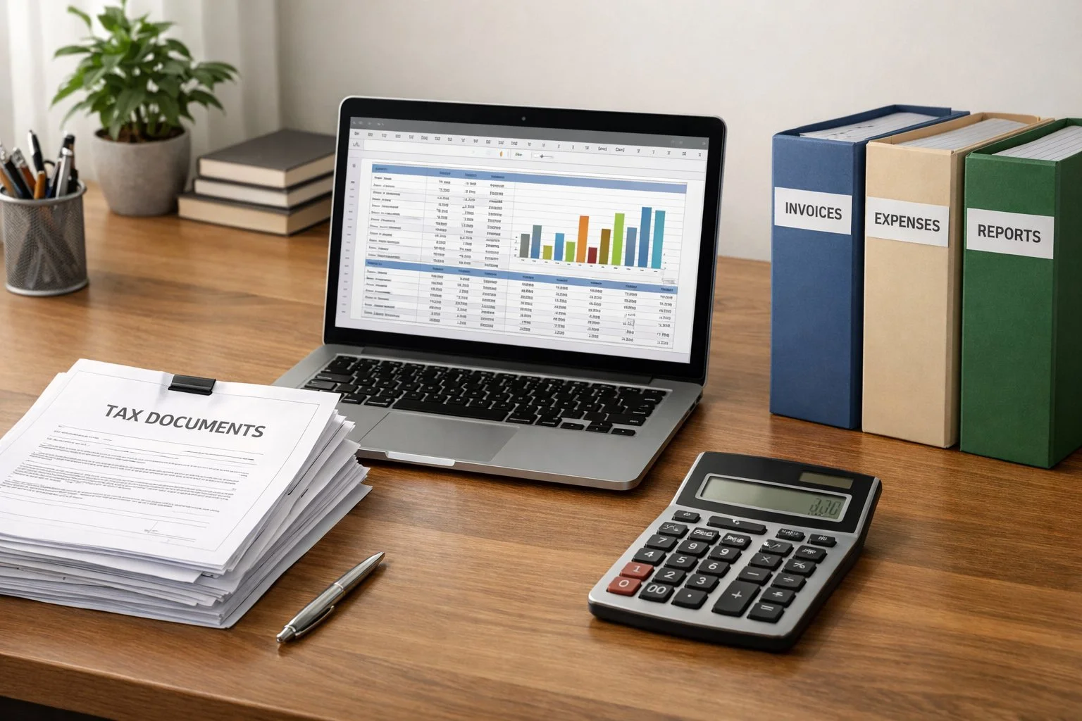 Clean, professional desk with neatly stacked tax documents, a laptop displaying spreadsheets, a calculator, and categorized folders for organized financial management.