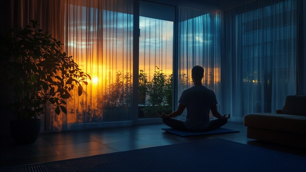 A man practicing yoga in a serene indoor setting, sitting cross-legged on a yoga mat while meditating. He faces large windows with sheer curtains that allow the warm glow of a sunset to illuminate the room, surrounded by greenery.