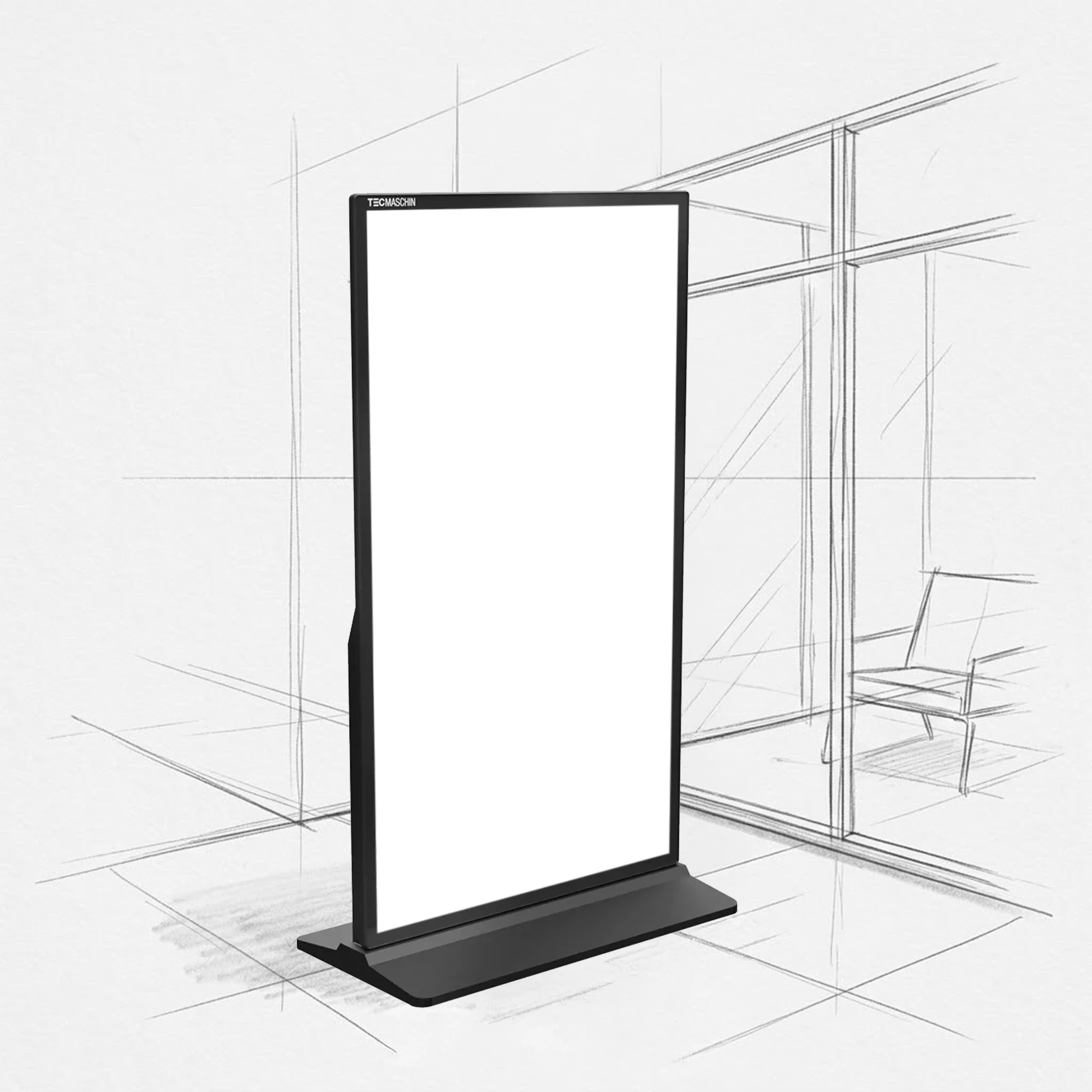 Mobile Digital-Signage-Stele TopRegal TecMaschin, 43 bis 55 Zoll, freistehend im Hochformat