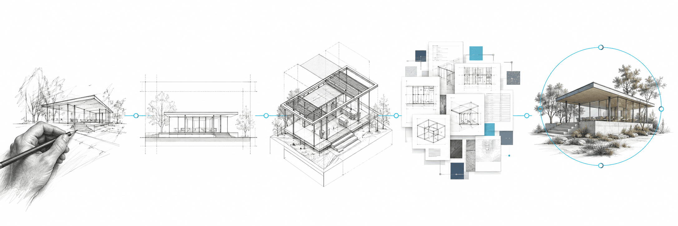 Illustrated progression from pencil and CAD through BIM to connected project records