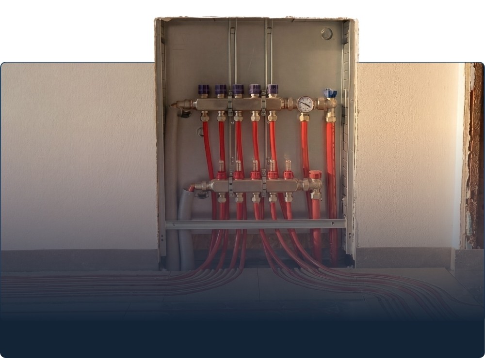 Ein Verteilungssystem für den Anschluss der Fußbodenheizung an die Heizquelle.