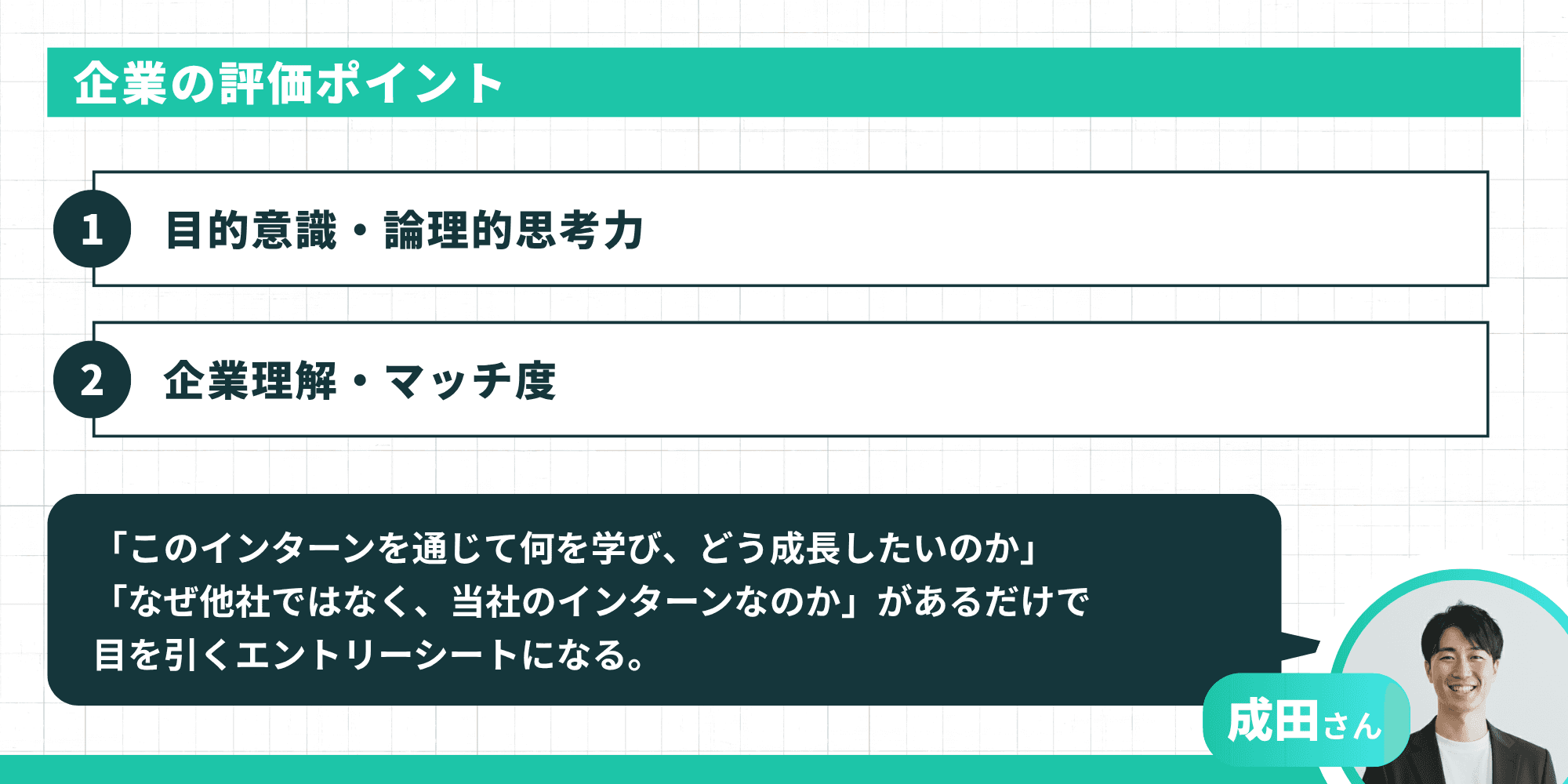 ESにおける主要な評価軸を2つ紹介。「1. 目的意識・論理的思考力」「2. 企業理解・マッチ度」。成田さんのアドバイスとして、「このインターンで何を学びたいか」「なぜ他社ではなく自社なのか」が明確だと目に留まりやすいと記されています。