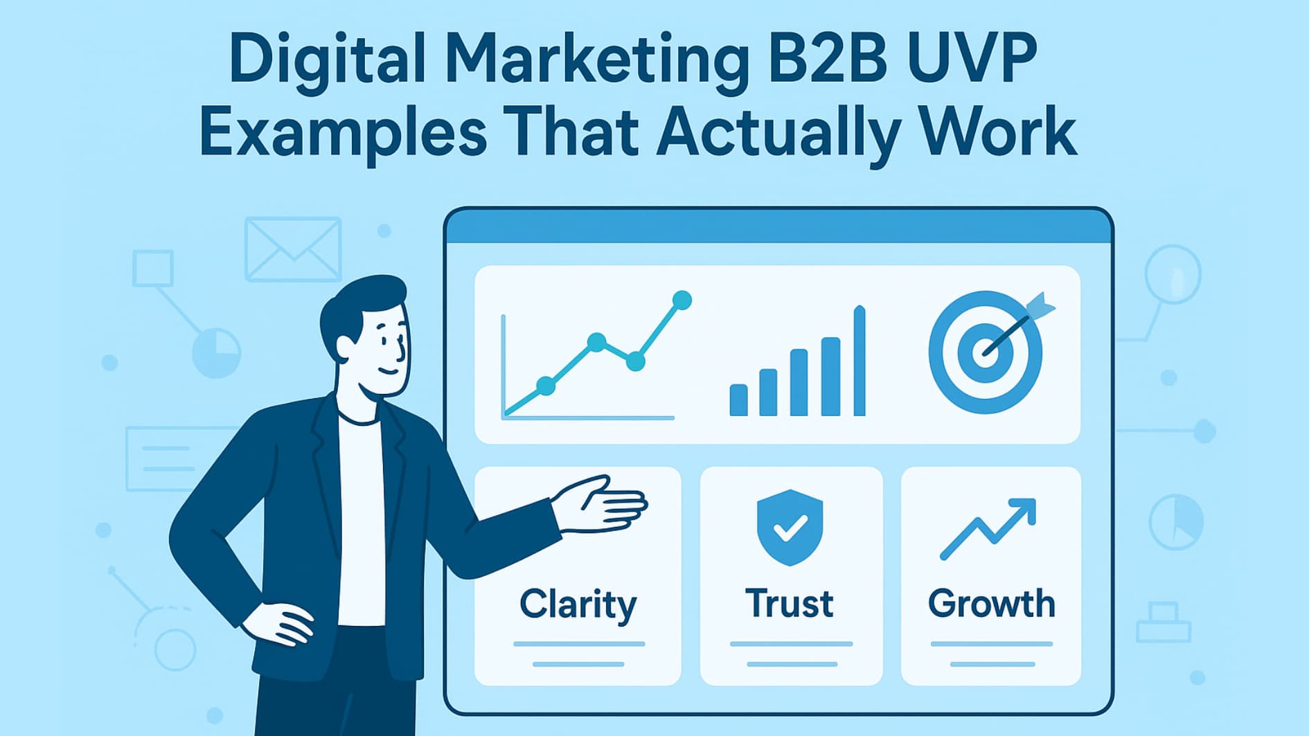 Marketer showing Digital Marketing B2B UVP Examples on a data dashboard with icons for clarity and growth.