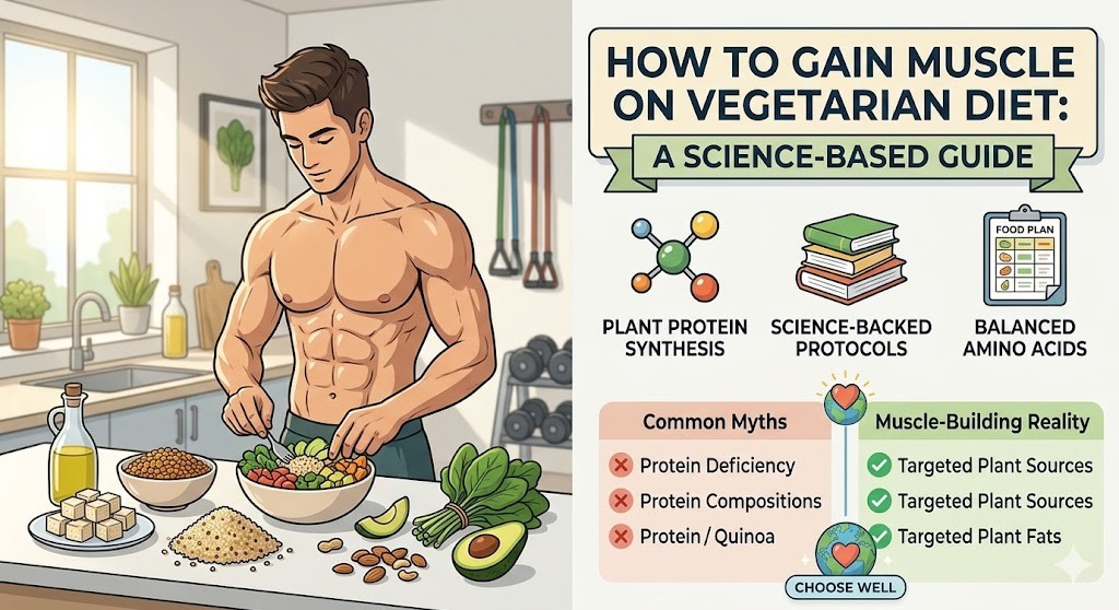 An informative infographic in a cartoon style detailing how to gain muscle on a vegetarian diet, featuring a muscular male athlete preparing a plant-based meal in a modern kitchen with natural light. The infographic includes a title banner and key sections for plant protein synthesis, science-backed protocols, balanced amino acids, a comparison of common myths versus muscle-building reality, and a 'CHOOSE WELL' section highlighting targeted plant sources and fats.