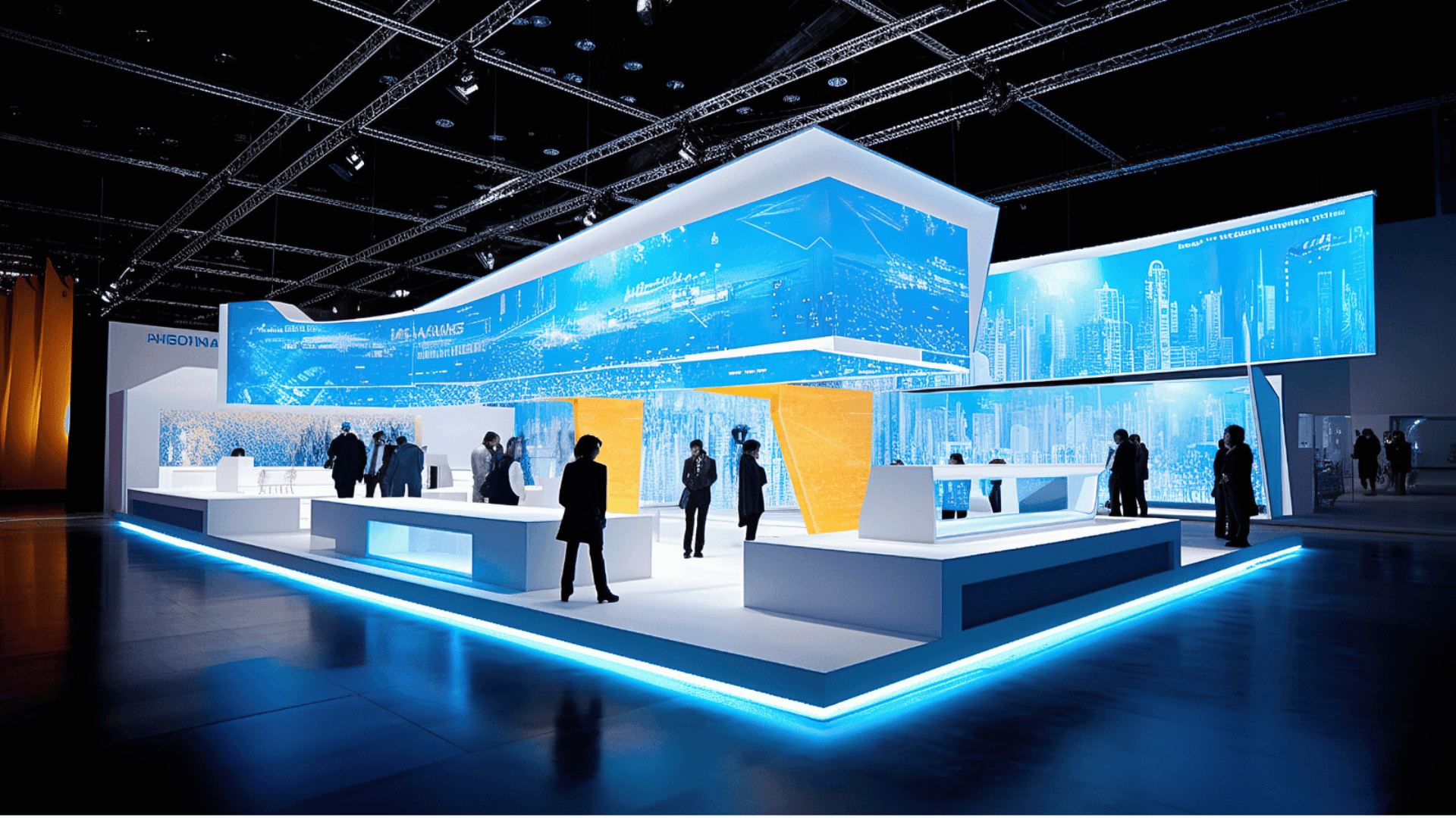 Futuristic exhibition booth with high-impact visuals such as blue LED lighting, cityscape digital displays, and people interacting inside the exhibit space indicating high attendee engagement.