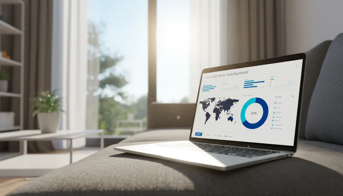 DSLR photograph of a modern silver laptop resting on a dark grey sofa in a brightly lit living room. Low-angle, three-quarters view with a shallow depth of field, focusing sharply on the screen. The screen displays a Clean Light Mode SaaS dashboard with placeholder data, showing various UI elements including line charts, a world map, and a prominent donut chart with vibrant blue accent colors. The scene is backlit by soft, natural daylight from a large window in the background, creating a bright, airy atmosphere and a strong bokeh effect.